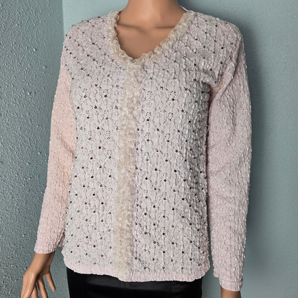 Keshmeer Pink Popcorn‎ Lace Studded Top V-Neck Ruffle Coquette Y2K Turkey